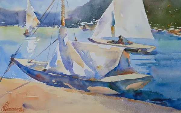 Seattle Wooden Boats — A painting of wooden sail boats on Lake Union